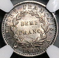1810-A NGC AU 58 France Demi 1/2 Franc Napoleon I Paris Coin POP 1/1 (25071601C)