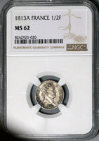 1813-A NGC MS 62 France 1/2 Demi Franc Napoleon I Paris Mint Silver Coin (25041204C)