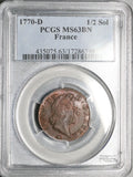 1770-D PCGS MS 63 Louis XV France 1/2 Sol Lyon Rare Copper Coin POP 1/0 (25112701C)