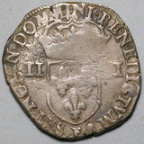 1584-F France 1/4 Ecu Henry III VF Angers Mint Silver Coin 9.59g (26080101R)