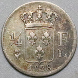 1828-L France  1/4 Franc Charles X Rare Bayonne Mint VF+ Silver 15k Coin (26081601R)