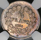1834-H NGC AU 58 France 1/4 Franc Louis Philippe I 46k La Rochelle Mint Silver Coin POP 1/0 (25111402C)