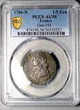 1786-N PCGS AU 58 France Louis XVI 1/5 Ecu 24 Sols Montpellier Mint 15k Silver Coin POP 1/0 (26031501C)