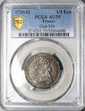 1786-Q PCGS AU 55 France Louis XVI 1/5 Ecu 24 Sols Rare Perpignan Mint Silver Coin 29k POP 1/0 (2602203C)