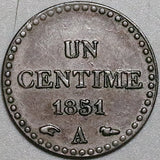 1851-A France 1 Centime AU 2nd Republic Bronze Coin (23091401R)