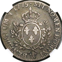 1775-W NGC VF 20 France Louis XVI Ecu Crown Silver Lille Mint Coin (23102503C)