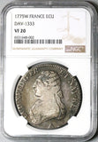 1775-W NGC VF 20 France Louis XVI Ecu Crown Silver Lille Mint Coin (23102503C)