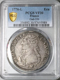 1776-L PCGS VF 30 France Louis XVI Ecu Crown Bayonne Mint Silver Coin (25082703C)