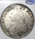 1785-L NGC AU 55 WINGS France Louis XVI Ecu Bayonne Mint Silver Coin (23100605C)