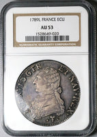 1789-L NGC AU 53 France Louis XVI Ecu Crown Bayonne Mint Silver Coin (25050502C)