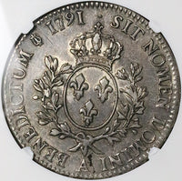 1791-A NGC AU France Louis XVI Ecu Crown Paris Mint Silver Coin (23100604C)