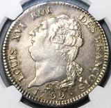 1792-A NGC AU 55 France Louis XVI Ecu Constitution Republic Paris Mint Silver Crown Coin (24071501C)
