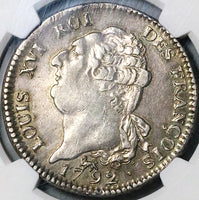 1792-A NGC AU 55 France Louis XVI Ecu Constitution Republic Paris Mint Silver Crown Coin (24071501C)