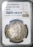 1792-A NGC AU 55 France Louis XVI Ecu Constitution Republic Paris Mint Silver Crown Coin (24071501C)