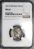 1811-B NGC MS 62 France Napoleon 1 Franc Rouen Mint Rare Silver Coin POP 2/0 (26022501C)