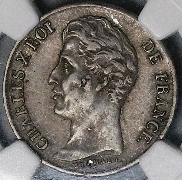 1825-A NGC AU 53 France 1 Franc Charles X Paris Mint 1st Year Silver Coin (25090501C)