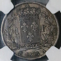 1825-A NGC AU 53 France 1 Franc Charles X Paris Mint 1st Year Silver Coin (25090501C)