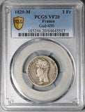 1829-M PCGS VF 20 France 1 Franc Charles X Toulouse Mint 46K Silver Coin POP 1/0 (26040706C)