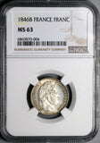 1846-B NGC MS 63 France 1 Franc Louis Philippe Rouen SIlver Coin POP 1/0 (24022102C)