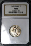 1908 NGC MS 66 France 1 Franc Sower Silver Gem Paris Coin POP 3/0 (24120601C)