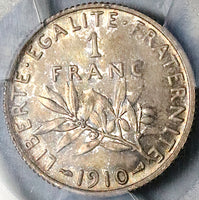 1910 PCGS MS 63 France 1 Franc Sower Mint State Paris Silver Coin (25090502C)