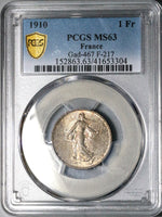1910 PCGS MS 63 France 1 Franc Sower Mint State Paris Silver Coin (25090502C)