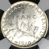 1910 NGC MS 65 France 1 Franc Sower Mint State Paris Gem Silver Coin (26011102C)