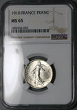 1910 NGC MS 65 France 1 Franc Sower Mint State Paris Gem Silver Coin (26011102C)
