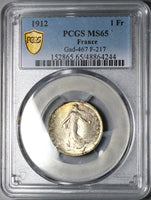 1912 PCGS MS 65 France 1 Franc Sower GEM Mint State Paris Silver Coin (24121801C)