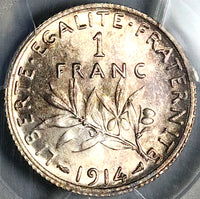 1914 PCGS MS 64 France 1 Franc Sower Mint State Paris Silver Coin (25090503C)