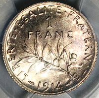 1914 PCGS MS 64 France 1 Franc Sower Mint State Paris Silver Coin (25090503C)