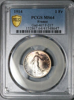 1914 PCGS MS 64 France 1 Franc Sower Mint State Paris Silver Coin (25090503C)