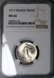 1917 NGC MS 66 France 1 Franc Sower Mint State WW I Silver Coin (24053102C)
