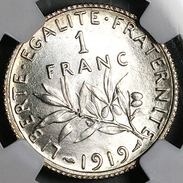 1919 NGC MS 65 France 1 Franc Sower Silver Gem Mint State Paris Coin (25111403C)