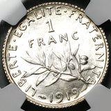 1919 NGC MS 65 France 1 Franc Sower Silver Gem Mint State Paris Coin (25111403C)