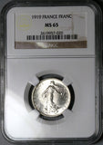 1919 NGC MS 65 France 1 Franc Sower Silver Gem Mint State Paris Coin (25111403C)