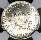 1919 NGC MS 66 France 1 Franc Sower Silver Gem Mint State Paris Coin (24072101C)