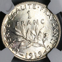 1919 NGC MS 66 France 1 Franc Sower Silver Gem Mint State Paris Coin (24072101C)