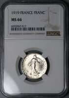 1919 NGC MS 66 France 1 Franc Sower Silver Gem Mint State Paris Coin (24072101C)