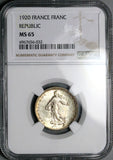 1920 NGC MS 65 France 1 Franc Sower Mint State Last Year Silver Coin (26022102C)