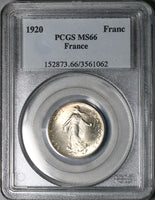 1920 PCGS MS 66 France 1 Franc Sower Mint State Last Year Silver Coin (25042301C)