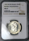 1992 NGC MS 67 France 1 Franc Republic Bicentennial Silver Coin POP 2/4 (25122001C)