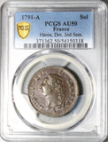 1791-A PCGS AU 50 France Sol Louis XVI Paris Mint Heron Royal Coin (25100203C)