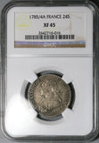 1785/4-A NGC XF 45 France 24 Sols Louis XVI 1/5 Ecu Rare Paris Silver Coin POP 1/0 (25111902C)