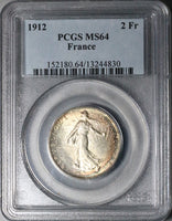 1912 PCGS MS 64 France 2 Francs Semeuse Sower Silver Coin POP 6/1 (24040903C)