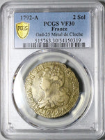 1792-A PCGS VF 30 France Louis XVI 2 Sols Constitution Paris Mint Coin (25100204C)