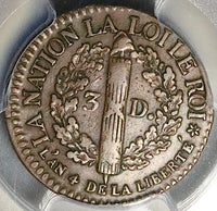 1792-BB PCGS XF 40 France 3 Deniers Louis XVI Strasbourg Coin POP 1/3 (25070701C)