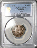 1792-BB PCGS XF 40 France 3 Deniers Louis XVI Strasbourg Coin POP 1/3 (25070701C)