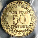1921 PCGS MS66 France 50 Centimes Key Date Chambres Paris Mint Coin (24092803C)
