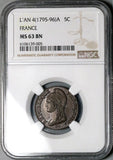 1795-A NGC MS 63 France 5 Centimes L'an 4 Directoire Paris Mint Coin (25071602C)
